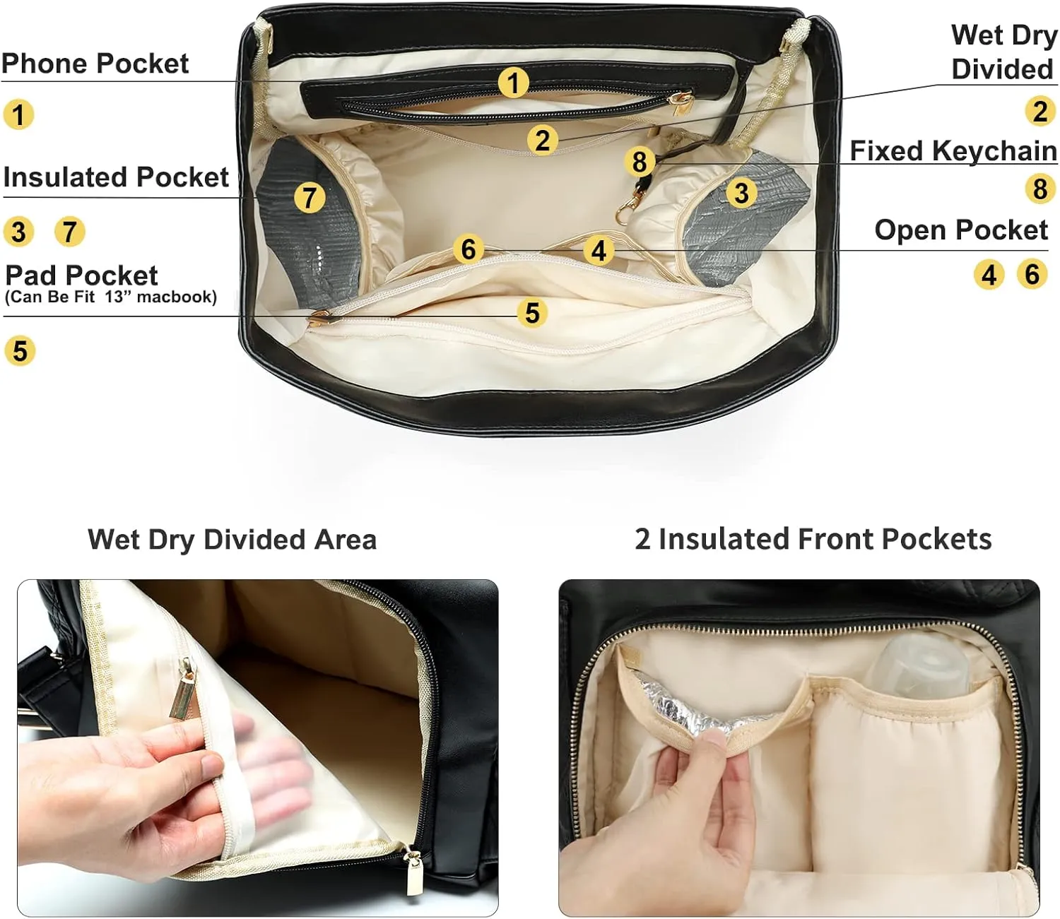 miss fong Diaper Bag Backpack Baby Diaper Bag for baby boy and girls, Leather Baby Bag with 13 diaper bag organizing pouches, Changing Pad, Stroller Straps and 4 Insulated Pockets(Black)