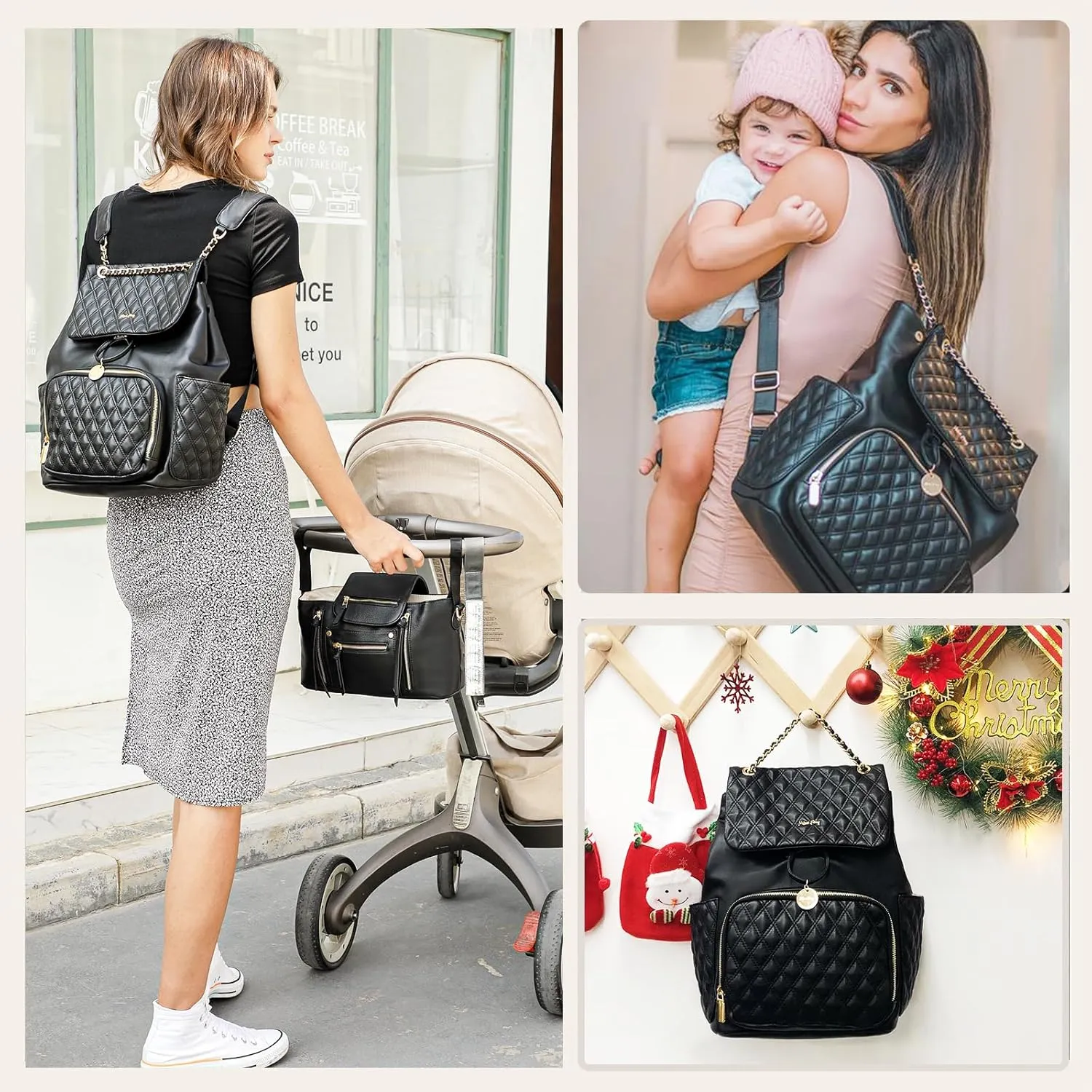 miss fong Diaper Bag Backpack Baby Diaper Bag for baby boy and girls, Leather Baby Bag with 13 diaper bag organizing pouches, Changing Pad, Stroller Straps and 4 Insulated Pockets(Black)