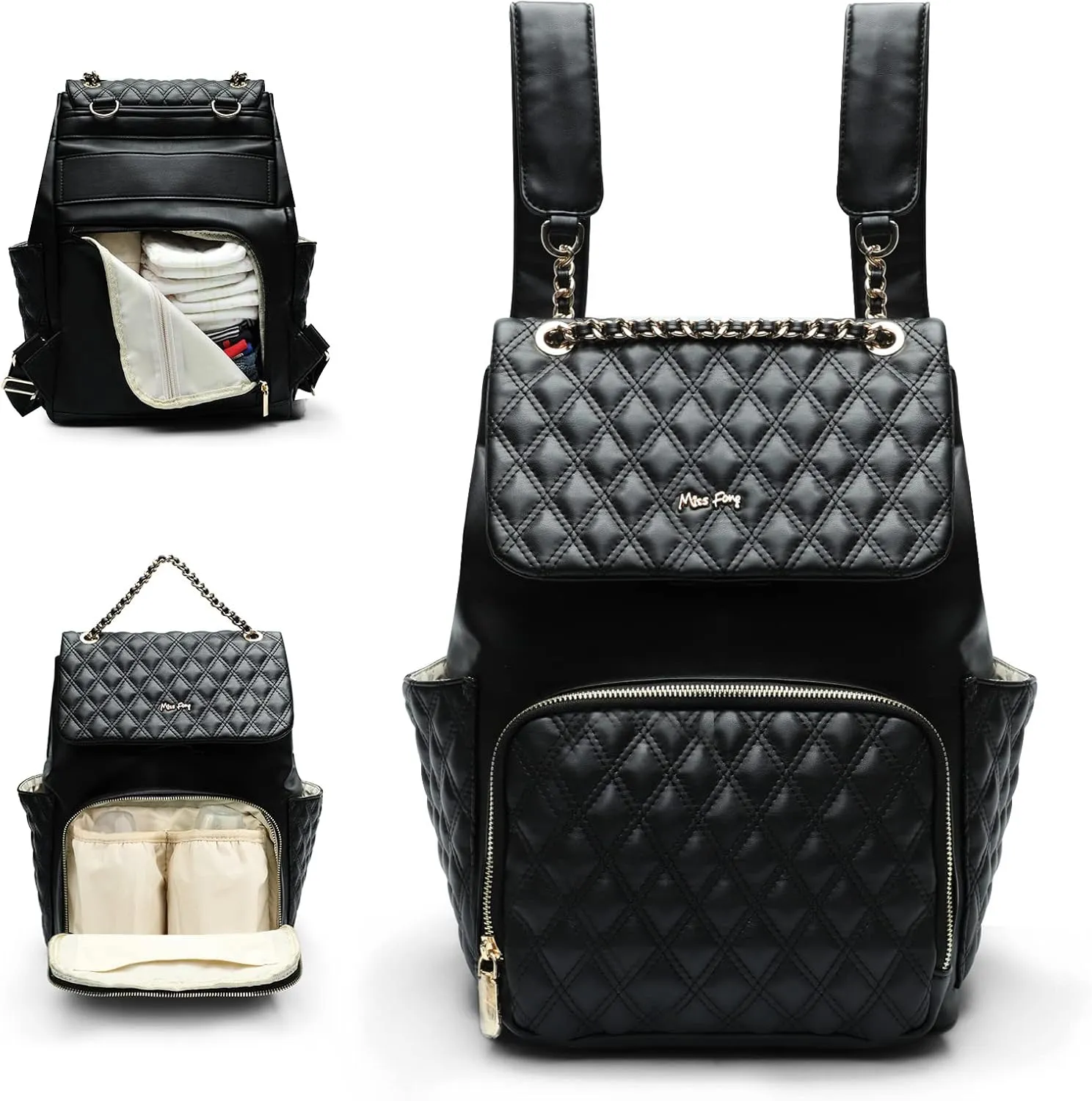 miss fong Diaper Bag Backpack Baby Diaper Bag for baby boy and girls, Leather Baby Bag with 13 diaper bag organizing pouches, Changing Pad, Stroller Straps and 4 Insulated Pockets(Black)