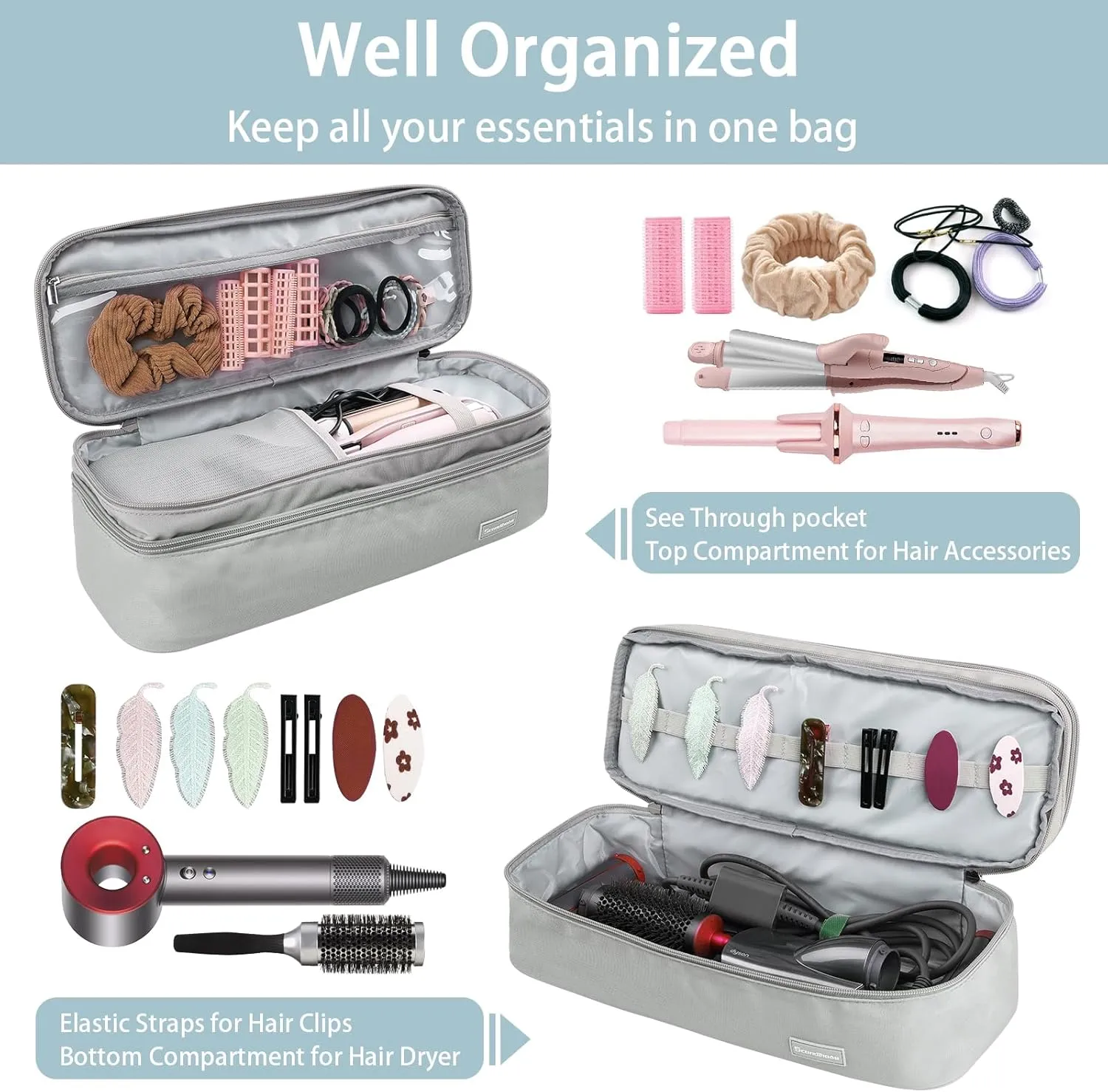 MissBoy Double Layer Travel Case Compatible with Revlon One-Step Volumizer/Hair Dryer/Hot Air Brush, Dyson Hair Dryer Carrying Case, Shark Flexstyle Storage Organizer Bag