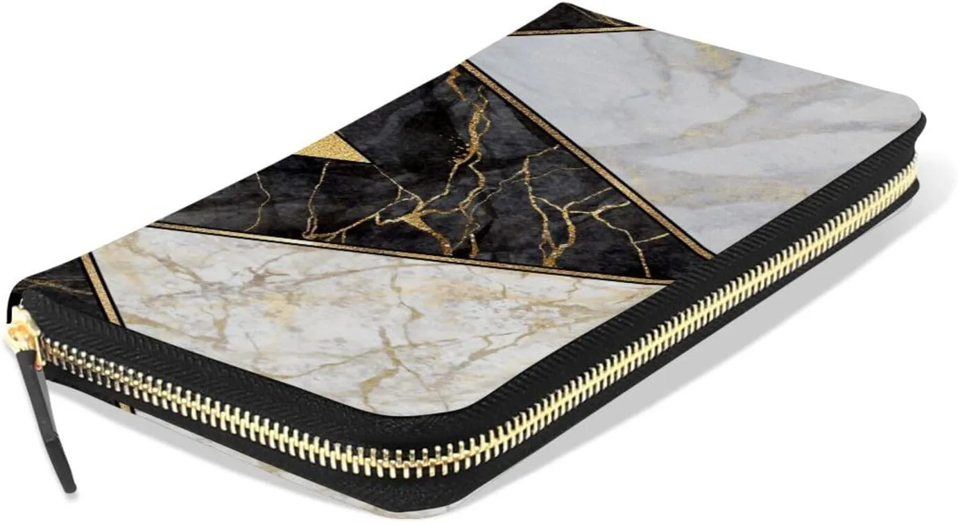 Modern Marbling Gold Black White Marble Geometric Triangle Granite Leather Long Wallet Organizer with Zipper Purse Clutch Bag for Women Men Key Card Coin Passport Checkbook 8 x 4 inch