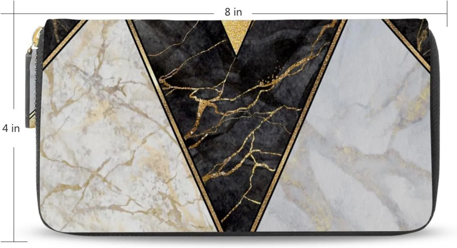 Modern Marbling Gold Black White Marble Geometric Triangle Granite Leather Long Wallet Organizer with Zipper Purse Clutch Bag for Women Men Key Card Coin Passport Checkbook 8 x 4 inch