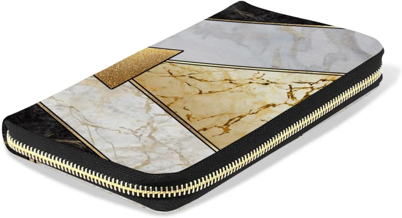 Modern Marbling Gold Black White Marble Geometric Triangle Granite Leather Long Wallet Organizer with Zipper Purse Clutch Bag for Women Men Key Card Coin Passport Checkbook 8 x 4 inch