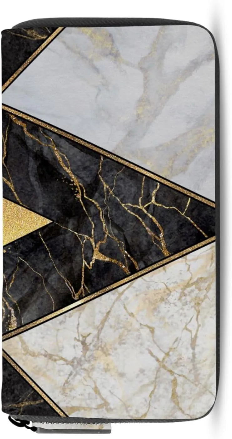 Modern Marbling Gold Black White Marble Geometric Triangle Granite Leather Long Wallet Organizer with Zipper Purse Clutch Bag for Women Men Key Card Coin Passport Checkbook 8 x 4 inch