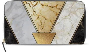 Modern Marbling Gold Black White Marble Geometric Triangle Granite Leather Long Wallet Organizer with Zipper Purse Clutch Bag for Women Men Key Card Coin Passport Checkbook 8 x 4 inch