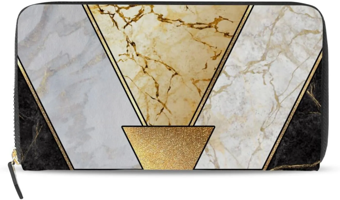 Modern Marbling Gold Black White Marble Geometric Triangle Granite Leather Long Wallet Organizer with Zipper Purse Clutch Bag for Women Men Key Card Coin Passport Checkbook 8 x 4 inch
