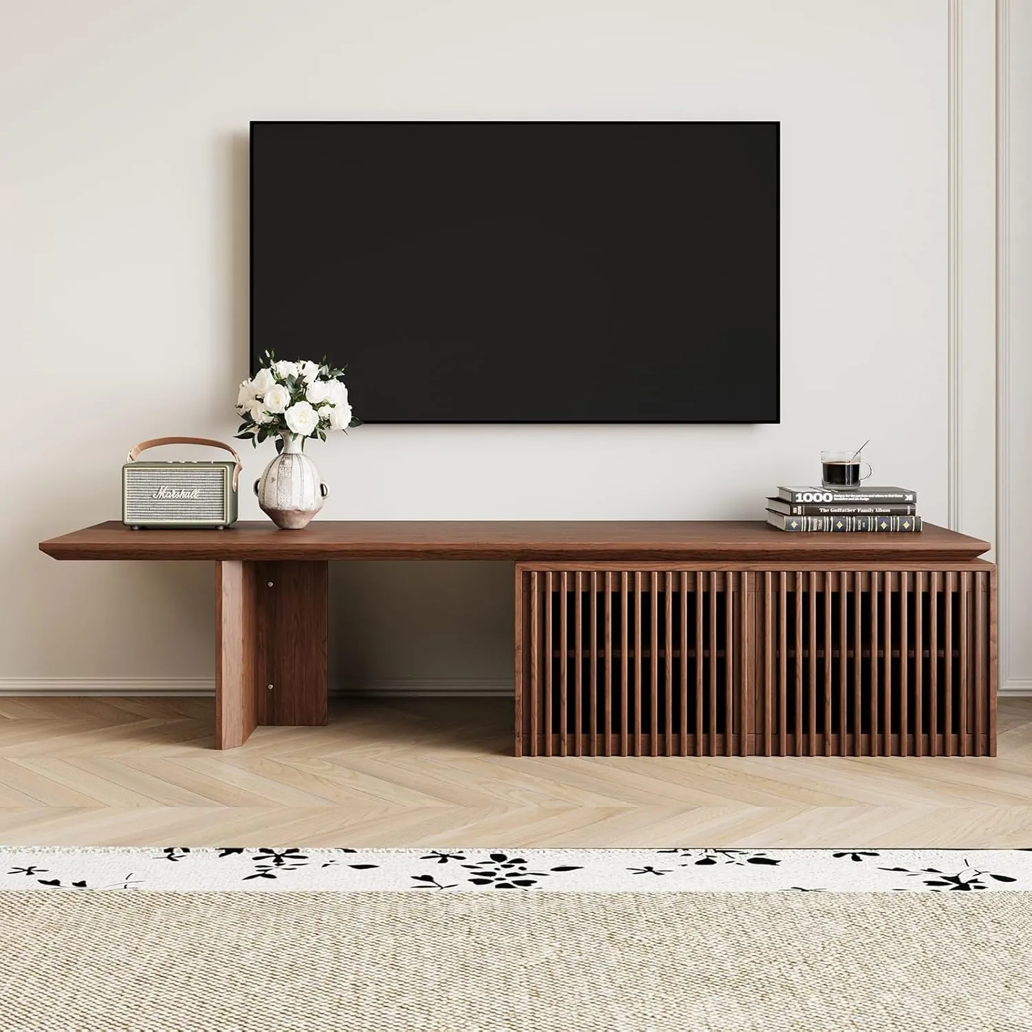 Modern TV Stand, Entertainment Center with Storage, Extendable TV Media Console for Up to 55  Inch, Minimalist Television Cabinet for Living Room/Bedroom - Walnut (78.7"-110" Extendable)