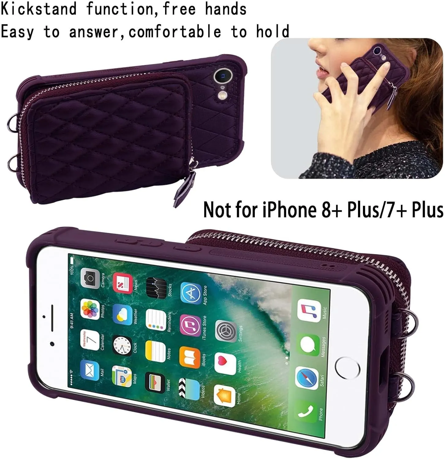 MONASAY Zipper Wallet Case Fit for iPhone SE 2022/2020/8/7, [Glass Screen Protector ][RFID Blocking] Flip Leather Handbag Phone Cover with Card Holder & Crossbody Lanyard Strap, Purple