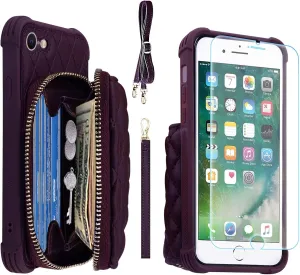 MONASAY Zipper Wallet Case Fit for iPhone SE 2022/2020/8/7, [Glass Screen Protector ][RFID Blocking] Flip Leather Handbag Phone Cover with Card Holder & Crossbody Lanyard Strap, Purple