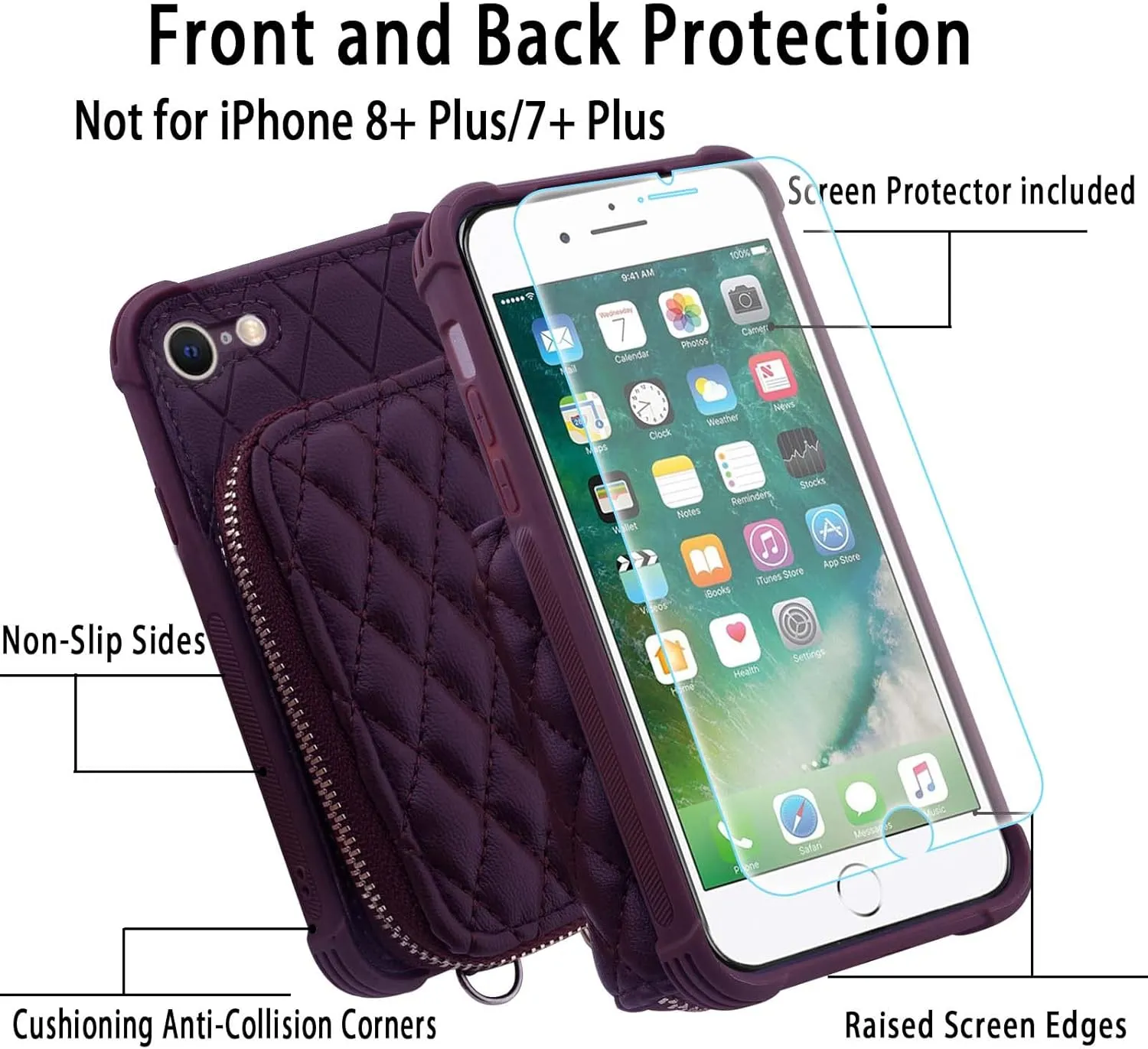 MONASAY Zipper Wallet Case Fit for iPhone SE 2022/2020/8/7, [Glass Screen Protector ][RFID Blocking] Flip Leather Handbag Phone Cover with Card Holder & Crossbody Lanyard Strap, Purple
