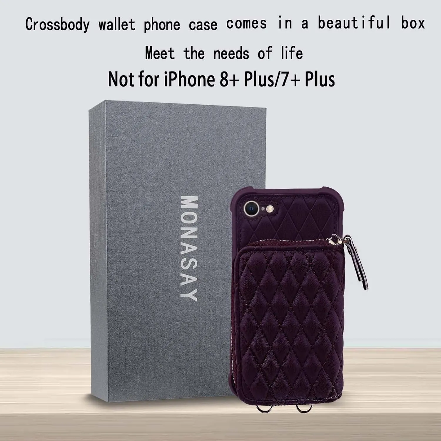 MONASAY Zipper Wallet Case Fit for iPhone SE 2022/2020/8/7, [Glass Screen Protector ][RFID Blocking] Flip Leather Handbag Phone Cover with Card Holder & Crossbody Lanyard Strap, Purple