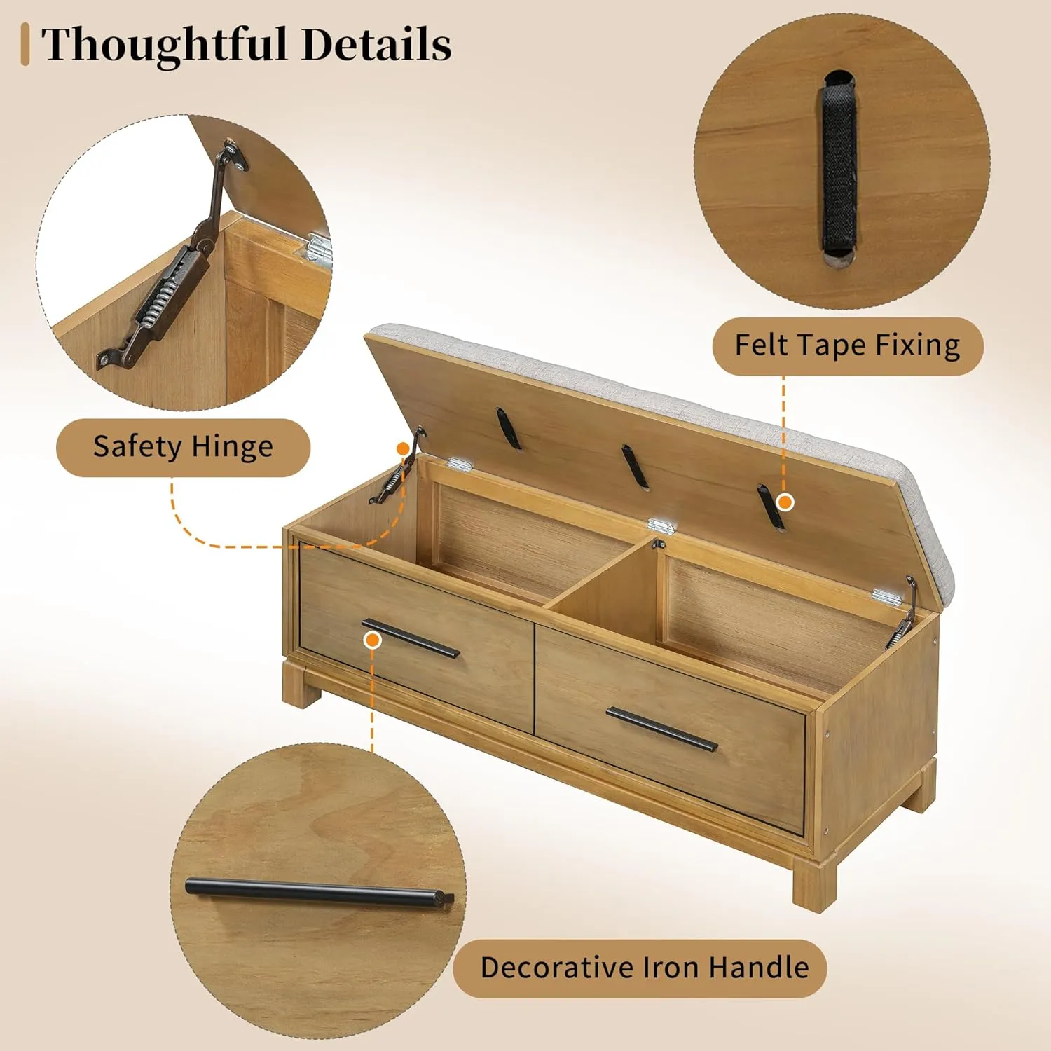 Montary Vintage Shoe Storage Bench with Hidden Compartment & Removable Cushion, Upholstered Entryway Bench for Living Room, Hallway, Bedroom, Solid Wood Shoe Cabinet with Lift Top,Natural