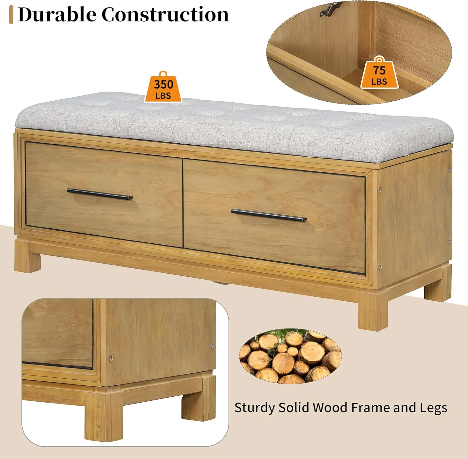 Montary Vintage Shoe Storage Bench with Hidden Compartment & Removable Cushion, Upholstered Entryway Bench for Living Room, Hallway, Bedroom, Solid Wood Shoe Cabinet with Lift Top,Natural