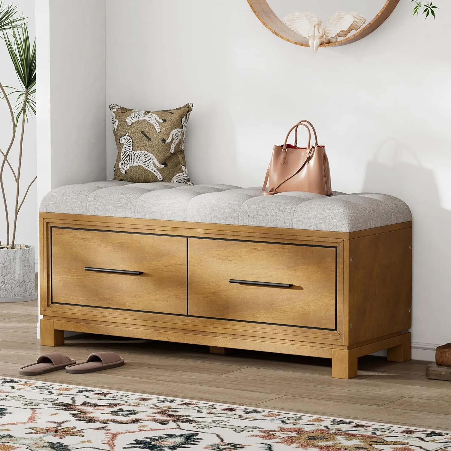 Montary Vintage Shoe Storage Bench with Hidden Compartment & Removable Cushion, Upholstered Entryway Bench for Living Room, Hallway, Bedroom, Solid Wood Shoe Cabinet with Lift Top,Natural