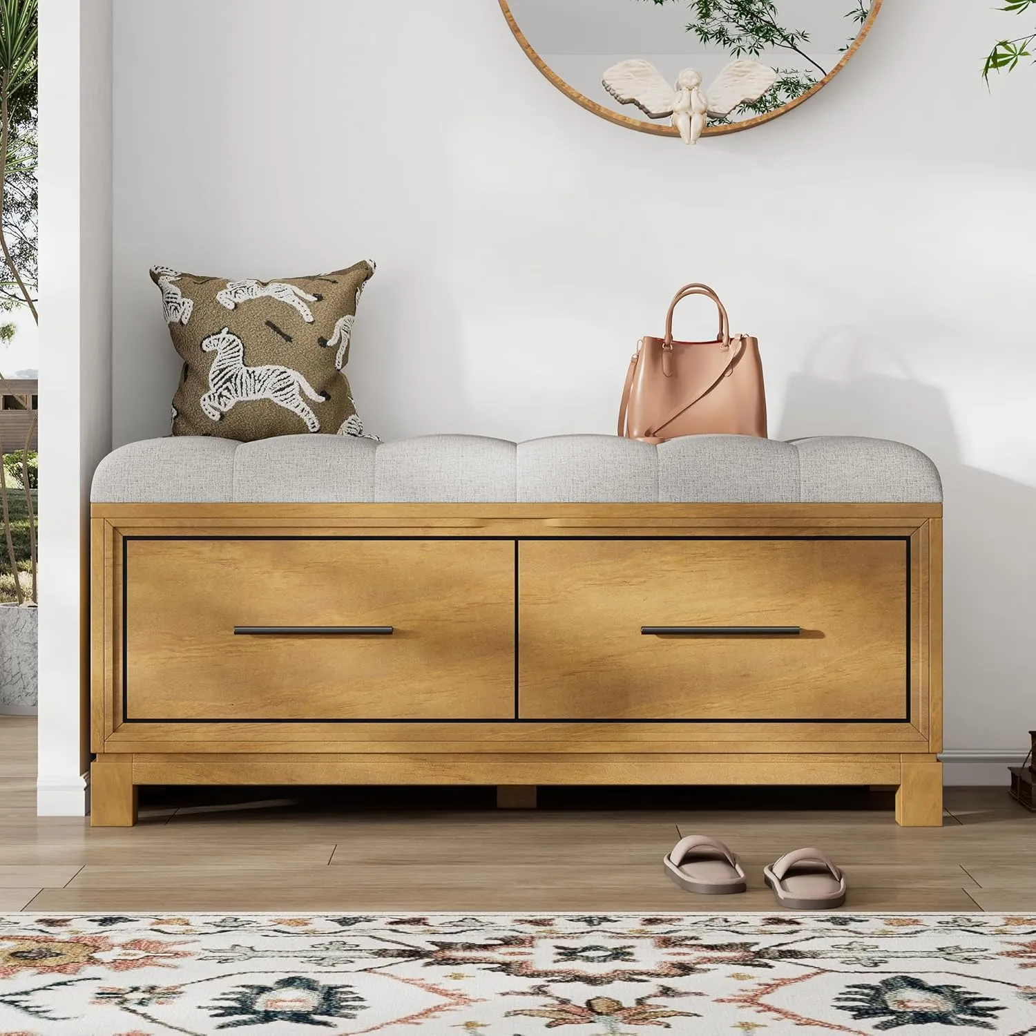 Montary Vintage Shoe Storage Bench with Hidden Compartment & Removable Cushion, Upholstered Entryway Bench for Living Room, Hallway, Bedroom, Solid Wood Shoe Cabinet with Lift Top,Natural