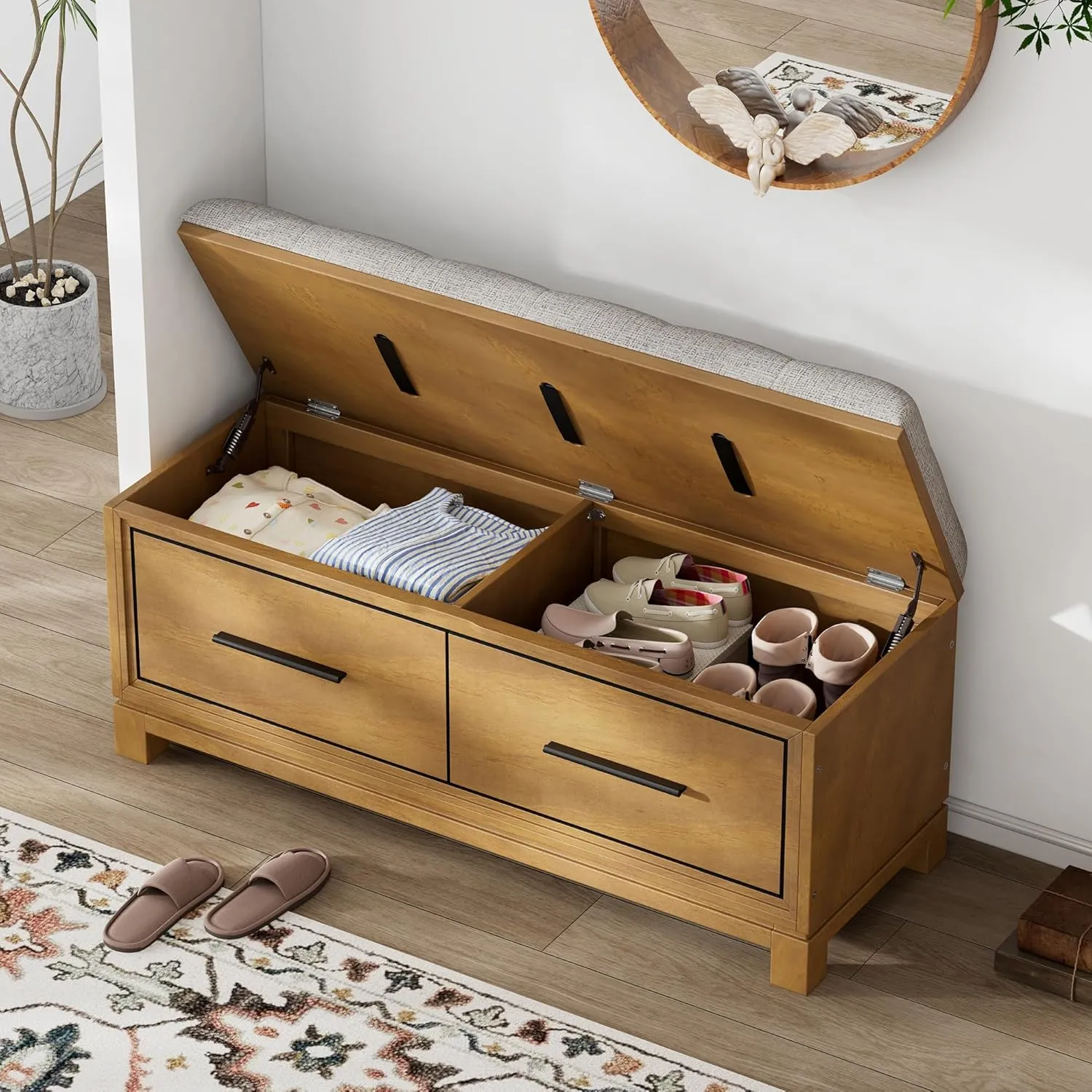 Montary Vintage Shoe Storage Bench with Hidden Compartment & Removable Cushion, Upholstered Entryway Bench for Living Room, Hallway, Bedroom, Solid Wood Shoe Cabinet with Lift Top,Natural