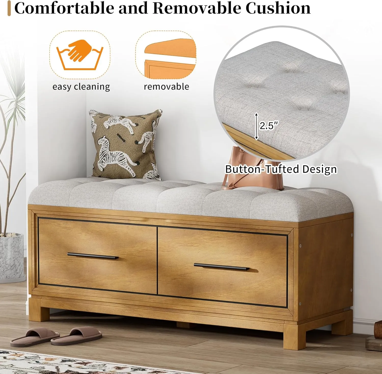 Montary Vintage Shoe Storage Bench with Hidden Compartment & Removable Cushion, Upholstered Entryway Bench for Living Room, Hallway, Bedroom, Solid Wood Shoe Cabinet with Lift Top,Natural