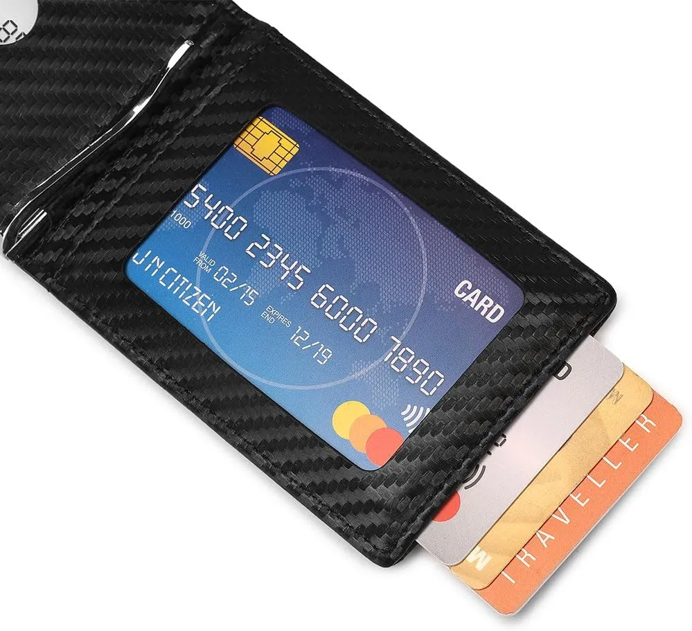 Mountain Voyage Co Leather Wallet - RFID-Blocking Genuine Vintage Leather Bi-Fold Card Holder with Money Clip and Gift Box (Carbon Fiber)