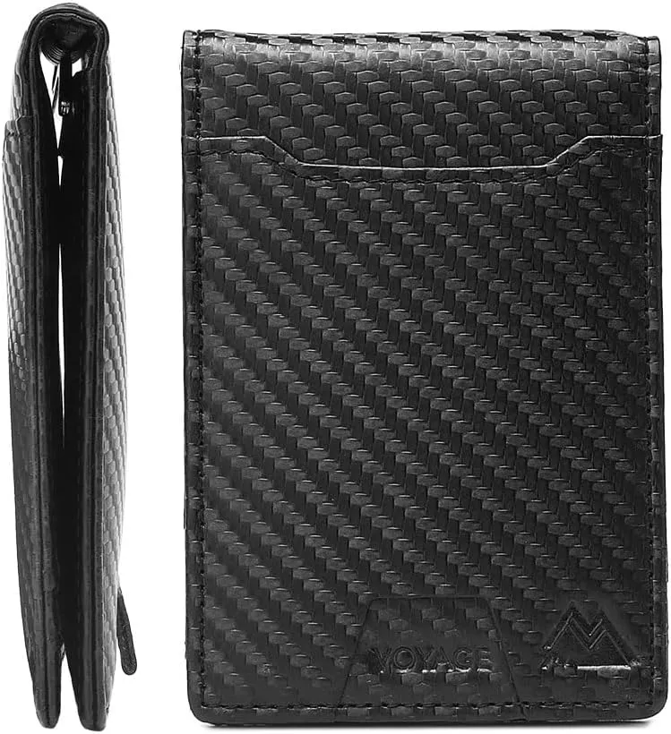Mountain Voyage Co Leather Wallet - RFID-Blocking Genuine Vintage Leather Bi-Fold Card Holder with Money Clip and Gift Box (Carbon Fiber)