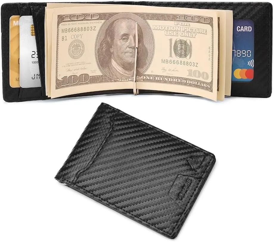 Mountain Voyage Co Leather Wallet - RFID-Blocking Genuine Vintage Leather Bi-Fold Card Holder with Money Clip and Gift Box (Carbon Fiber)