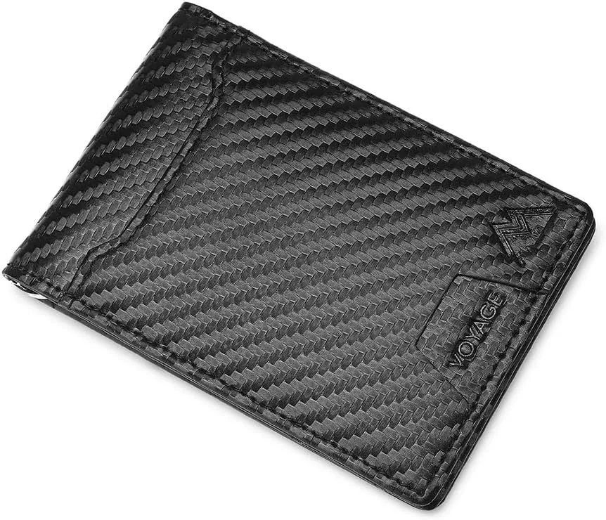 Mountain Voyage Co Leather Wallet - RFID-Blocking Genuine Vintage Leather Bi-Fold Card Holder with Money Clip and Gift Box (Carbon Fiber)