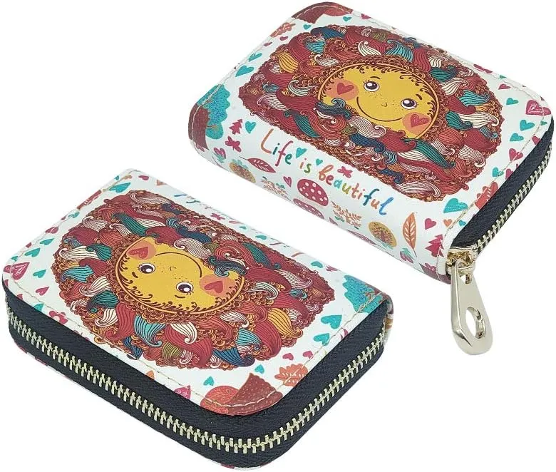 MOYYO RFID Credit Card Holder Case Leather Printed Zipper Card Case Wallet for Women Girls