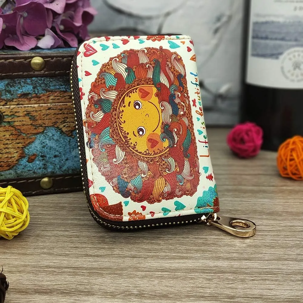 MOYYO RFID Credit Card Holder Case Leather Printed Zipper Card Case Wallet for Women Girls