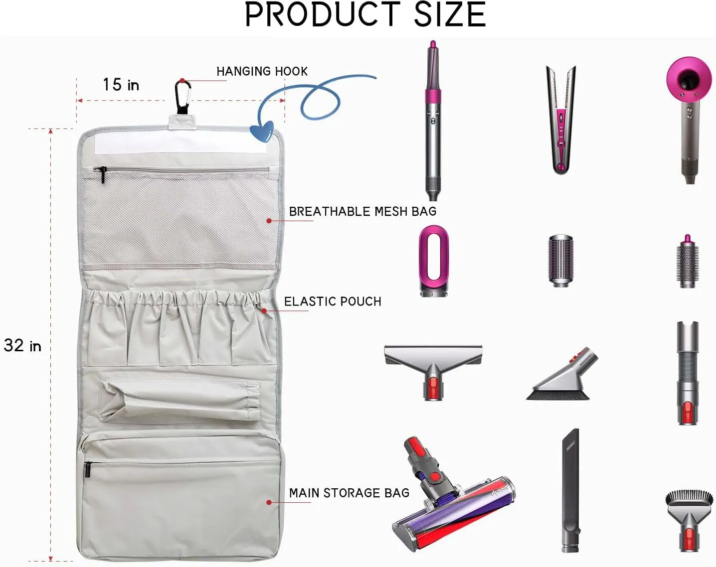 Multi Purpose Vacuum Cleaner Accessories Storage Bag,Hang Storage Bag for Vacuum Cleaner Tool Storage, Travel Carrying Protective Case for Airwrap Styler or Tool Accessories (White)