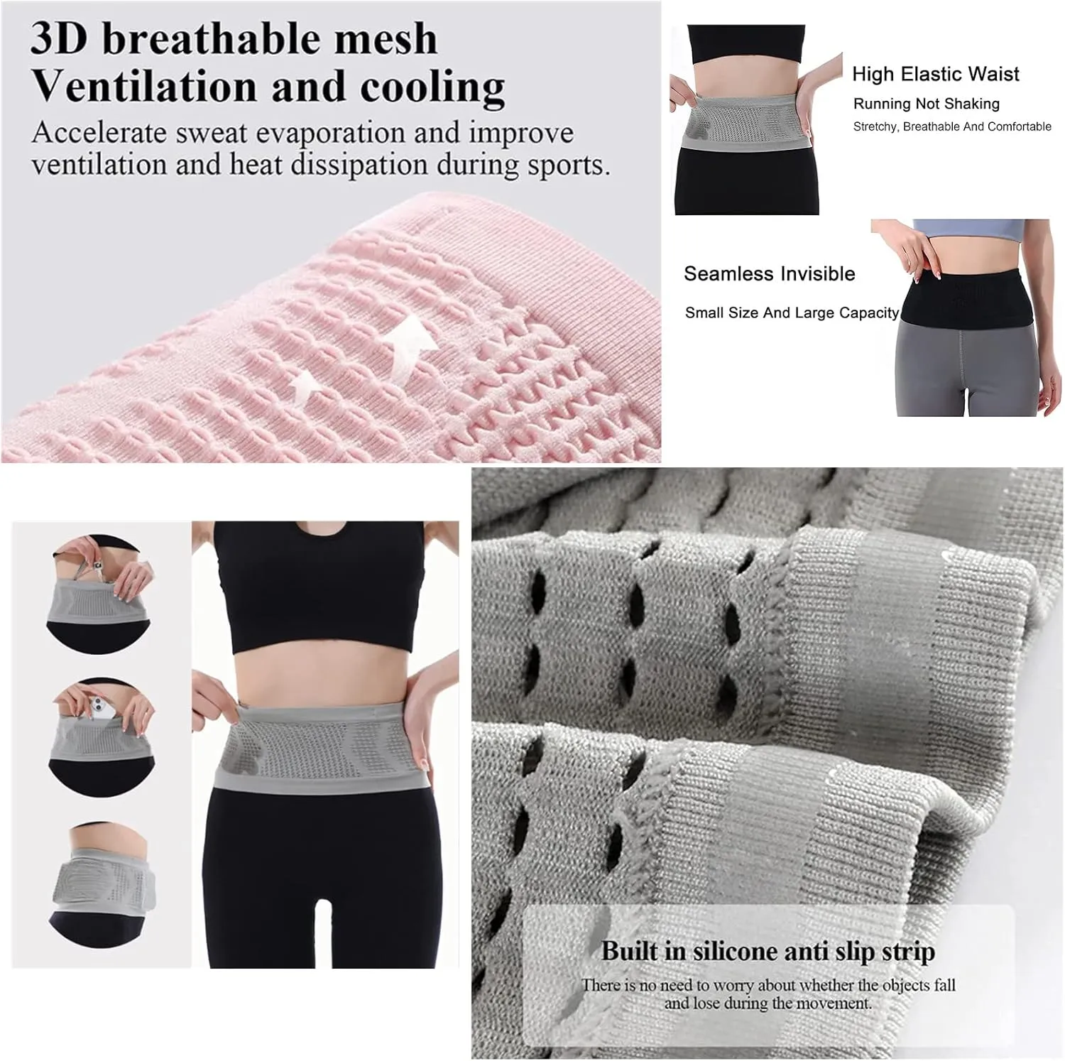 Multifunctional Knit Breathable Concealed Waist Bag - Adjustable Running Belt, Universal Running Waist Pack with Large Capacity, Running Waist Packs for Women Men Outdoor Activities (Gray, S)