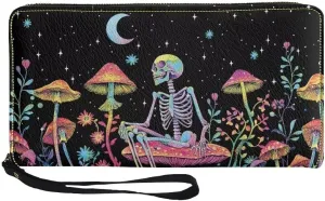 Mushroom Skull Wristlet Wallet for Women PU Leather Card Holder Phone Checkbook Organizer Zipper Coin Purse