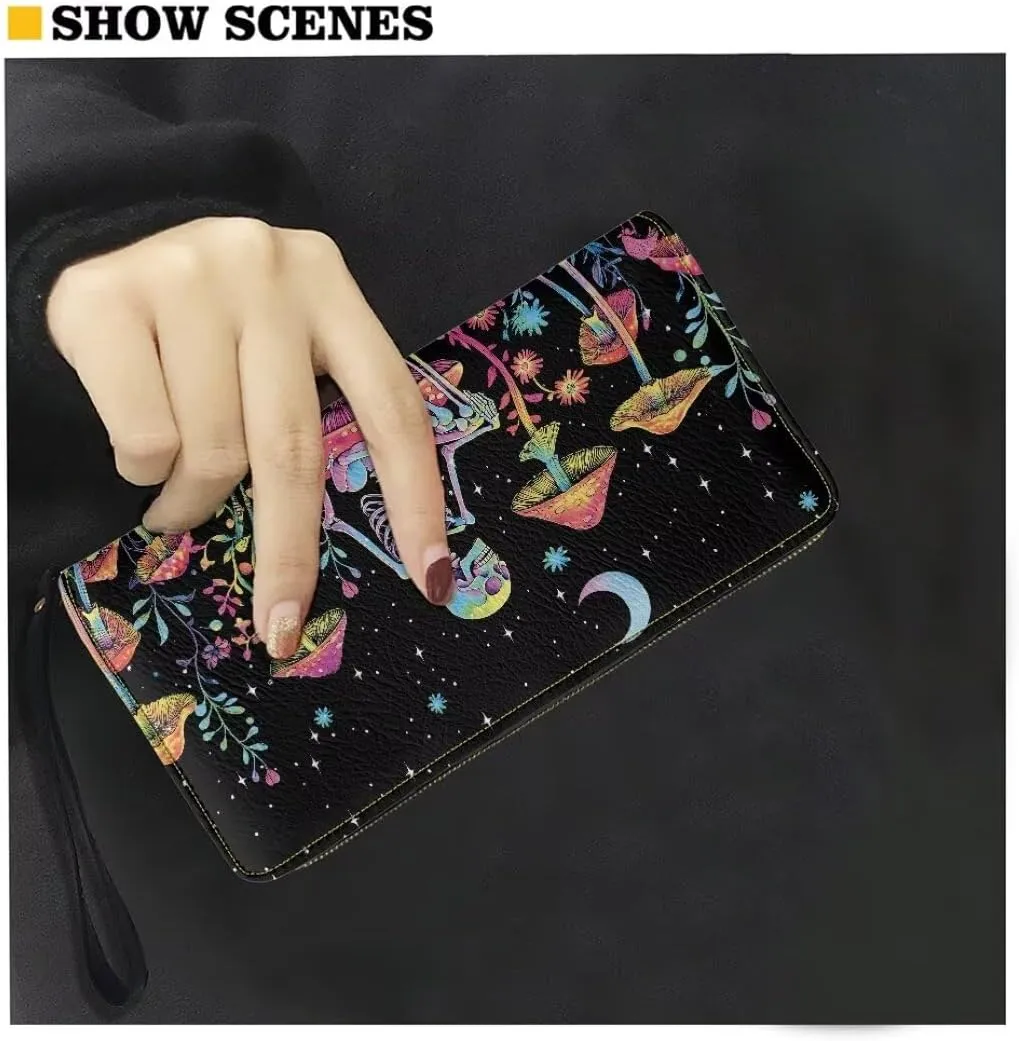 Mushroom Skull Wristlet Wallet for Women PU Leather Card Holder Phone Checkbook Organizer Zipper Coin Purse
