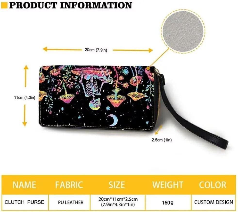 Mushroom Skull Wristlet Wallet for Women PU Leather Card Holder Phone Checkbook Organizer Zipper Coin Purse