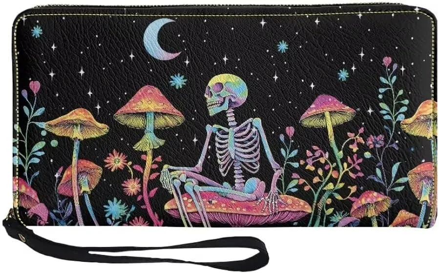 Mushroom Skull Wristlet Wallet for Women PU Leather Card Holder Phone Checkbook Organizer Zipper Coin Purse