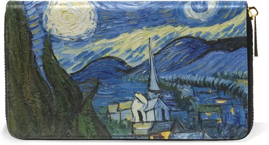 My Little Nest Women Genuine Leather Wallet Purse Starry Night Van Gogh Oil Painting Card Holder Organizer Clutch Multi