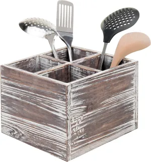 MyGift Rustic Torched Wood Square Cooking Utensil Holder for Kitchen Counter Organizer, Flatware Storage Caddy with 4 Divided Compartments