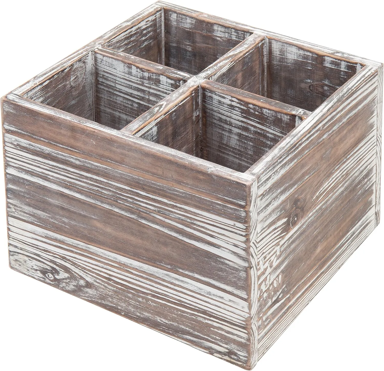 MyGift Rustic Torched Wood Square Cooking Utensil Holder for Kitchen Counter Organizer, Flatware Storage Caddy with 4 Divided Compartments