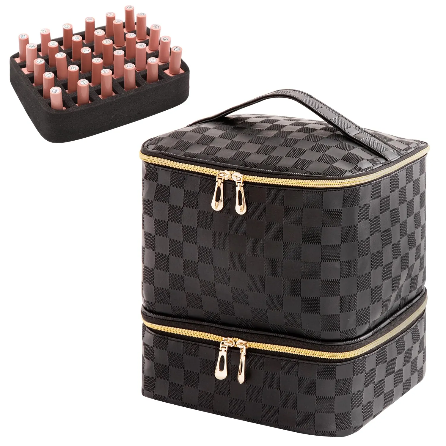 Nail Polish Organizer Bag with Handles - Holds 30 Bottles (15ml - 0.5 fl.oz)，Travel Case Portable Storage Bag for Manicure Set (Checkered Black)