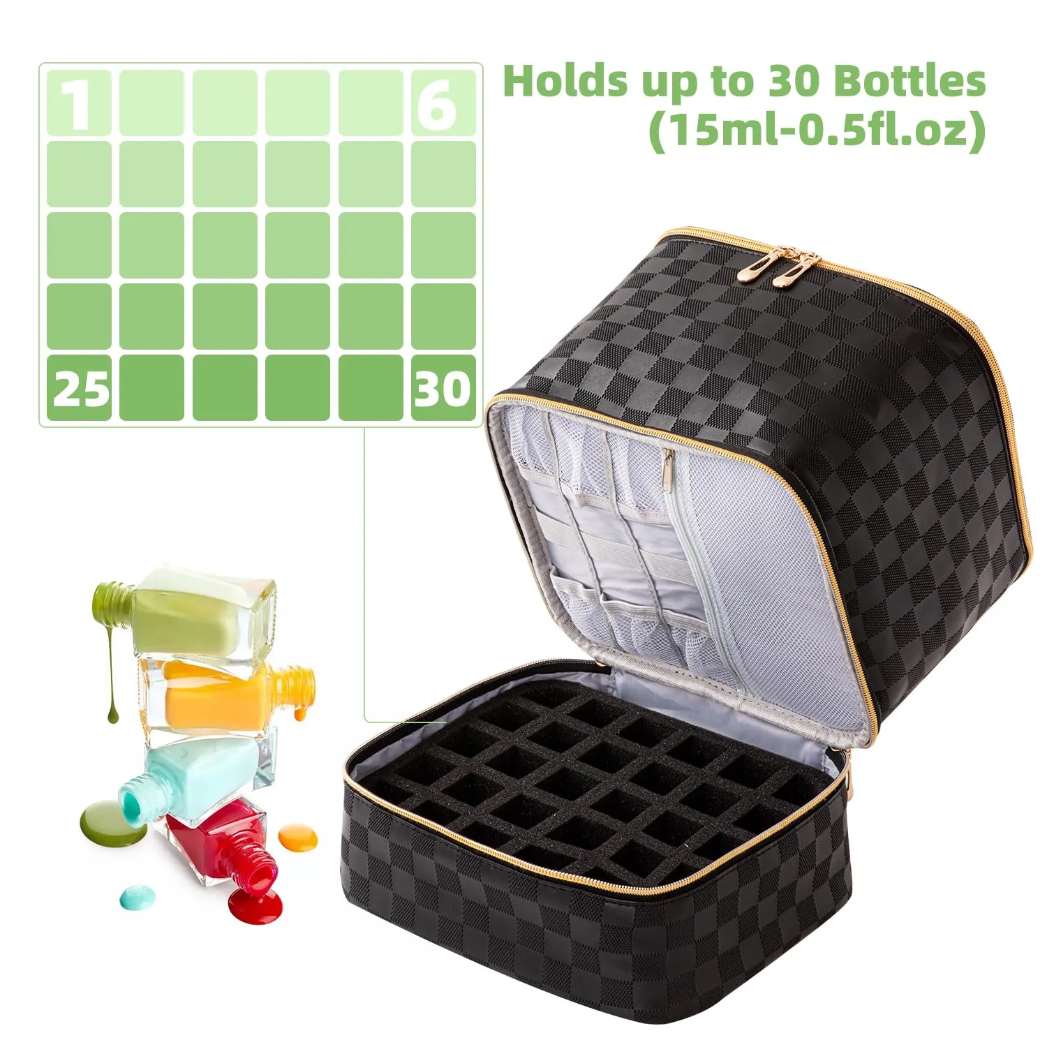 Nail Polish Organizer Bag with Handles - Holds 30 Bottles (15ml - 0.5 fl.oz)，Travel Case Portable Storage Bag for Manicure Set (Checkered Black)