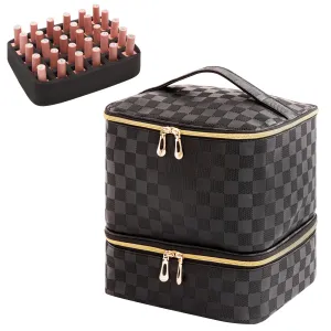 Nail Polish Organizer Bag with Handles - Holds 30 Bottles (15ml - 0.5 fl.oz)，Travel Case Portable Storage Bag for Manicure Set (Checkered Black)