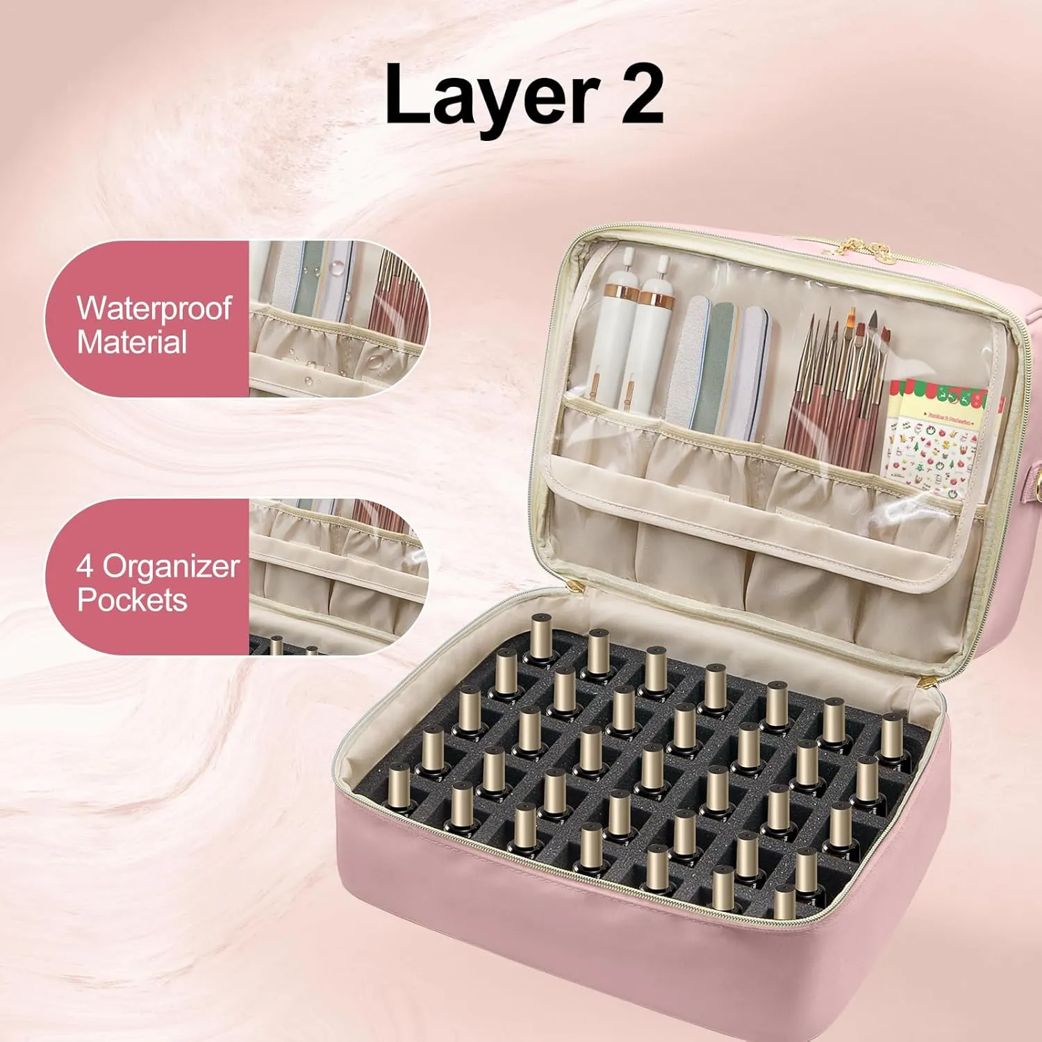 Nail Polish Organizer Case,Double Layer Nail Supplies Organizer Bag Storage Box Holds Up to 45 Bottles of Nail Polish and Nail Lamp