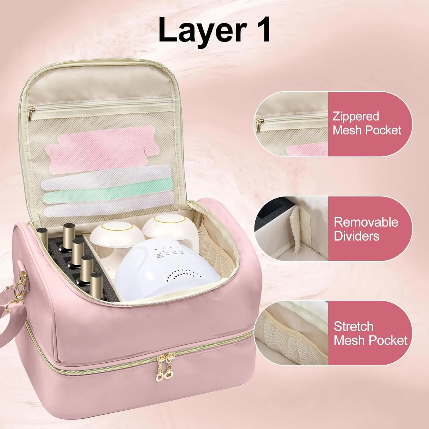 Nail Polish Organizer Case,Double Layer Nail Supplies Organizer Bag Storage Box Holds Up to 45 Bottles of Nail Polish and Nail Lamp