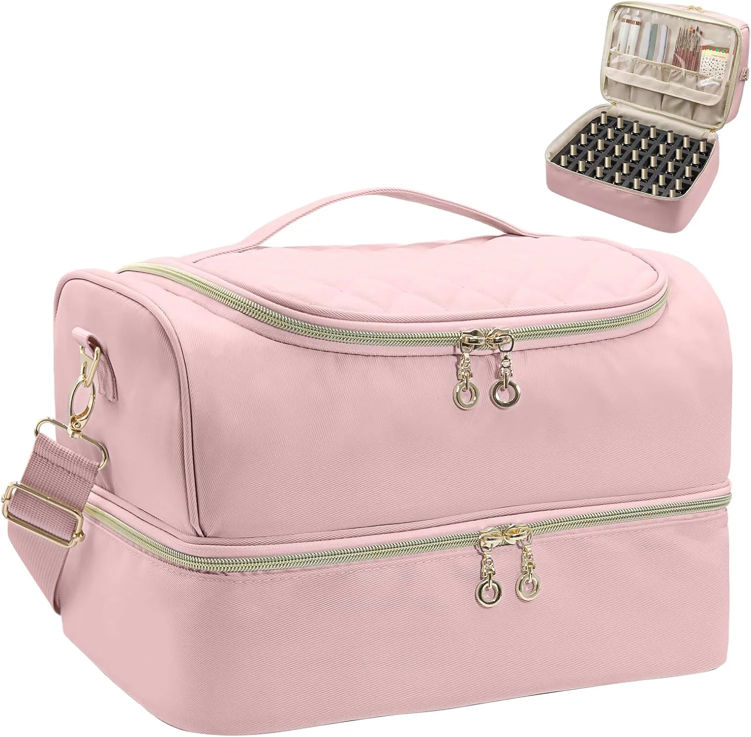 Nail Polish Organizer Case,Double Layer Nail Supplies Organizer Bag Storage Box Holds Up to 45 Bottles of Nail Polish and Nail Lamp
