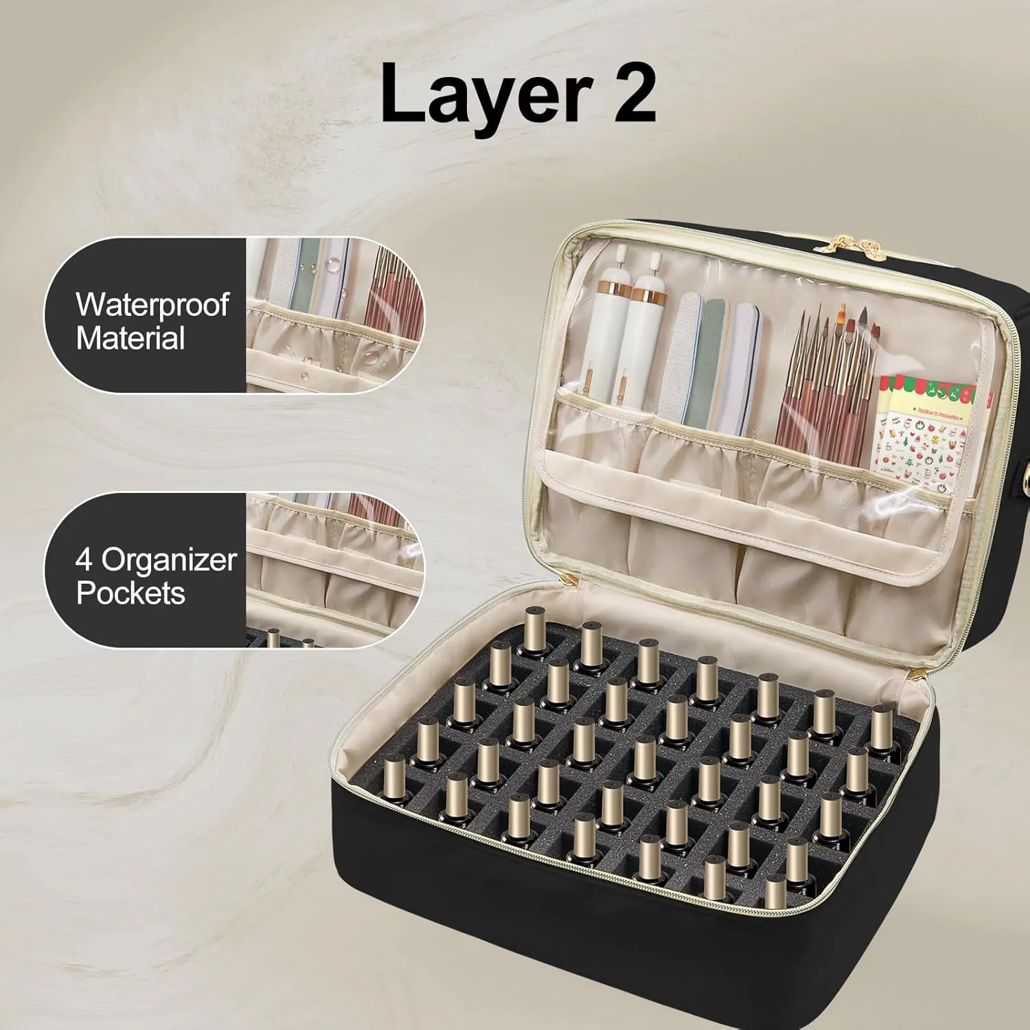 Nail Polish Organizer Case,Double Layer Nail Supplies Organizer Bag Storage Box Holds Up to 45 Bottles of Nail Polish and Nail Lamp