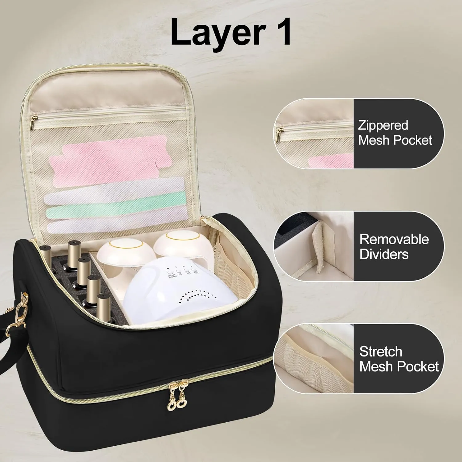 Nail Polish Organizer Case,Double Layer Nail Supplies Organizer Bag Storage Box Holds Up to 45 Bottles of Nail Polish and Nail Lamp