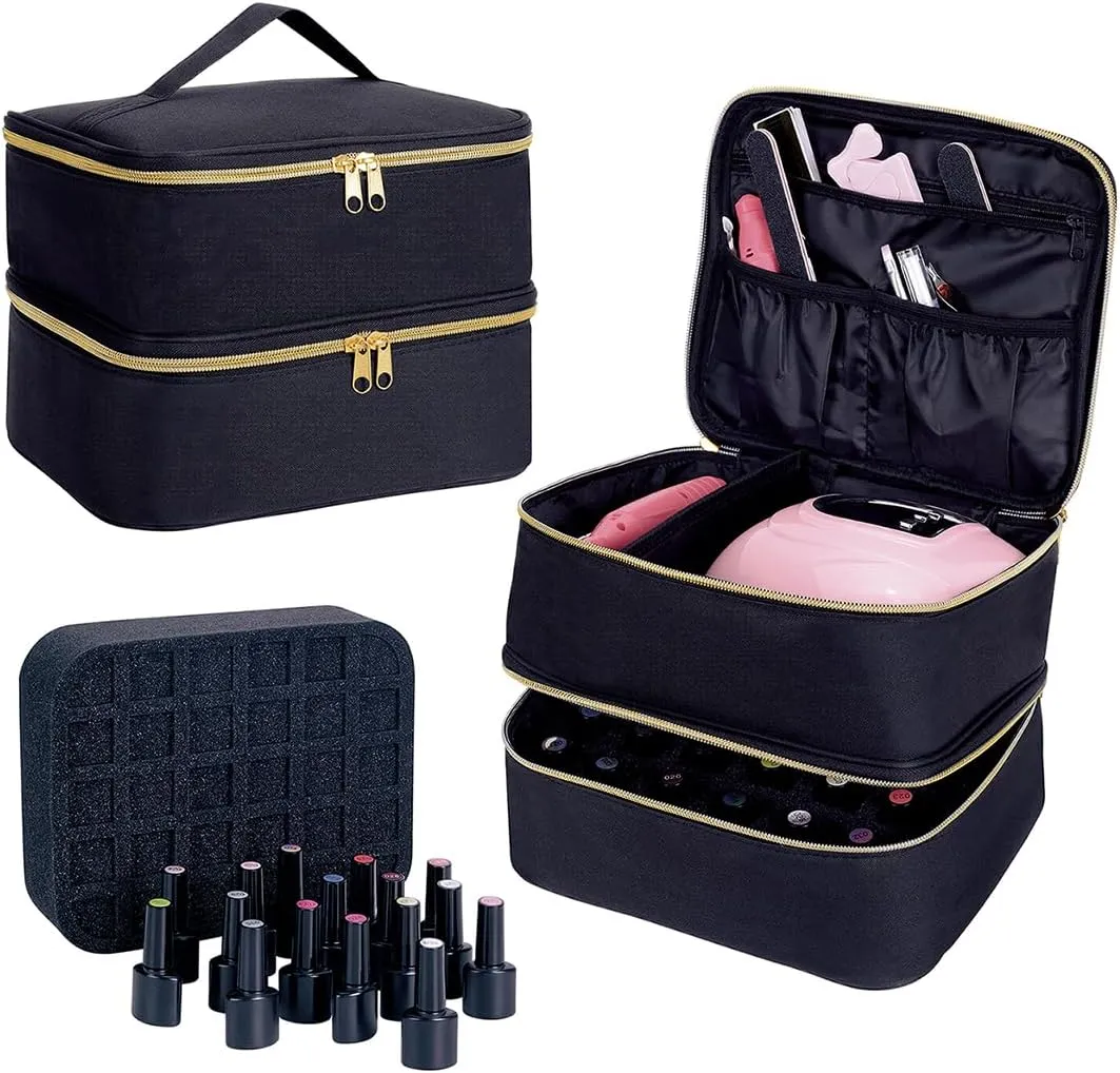 Nail Polish Organizer, Handheld Double Layer Organizer Holds 30 Bottles (15 ml/0.5 floz) with Adjustable Dividers for Nail Polish Small Manicure Lamp Manicure Tools Essential and Travel,Black
