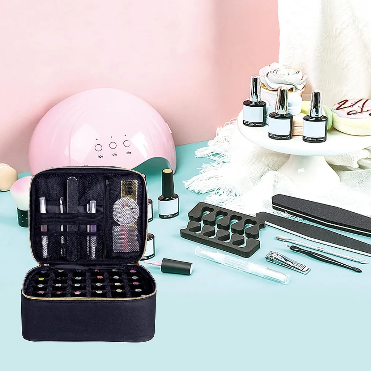 Nail Polish Organizer, Handheld Double Layer Organizer Holds 30 Bottles (15 ml/0.5 floz) with Adjustable Dividers for Nail Polish Small Manicure Lamp Manicure Tools Essential and Travel,Black