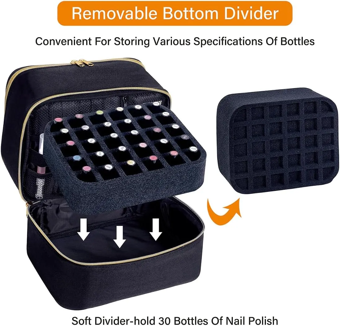 Nail Polish Organizer, Handheld Double Layer Organizer Holds 30 Bottles (15 ml/0.5 floz) with Adjustable Dividers for Nail Polish Small Manicure Lamp Manicure Tools Essential and Travel,Black