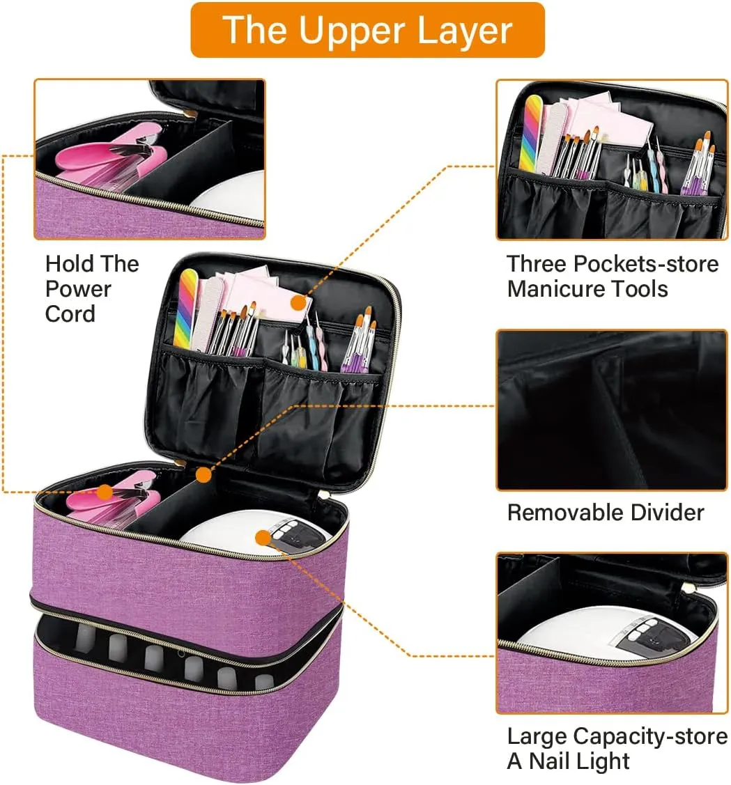 Nail Polish Organizer, Handheld Double Layer Organizer Holds 30 Bottles (15 ml/0.5 floz) with Adjustable Dividers for Nail Polish Small Manicure Lamp Manicure Tools Essential and Travel,Purple