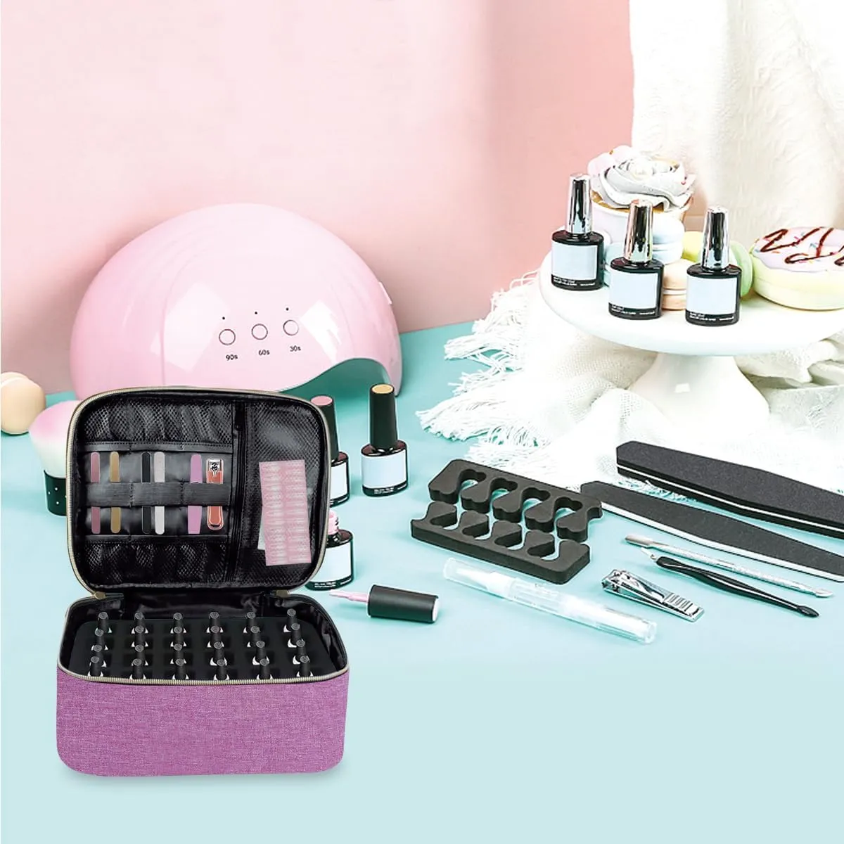 Nail Polish Organizer, Handheld Double Layer Organizer Holds 30 Bottles (15 ml/0.5 floz) with Adjustable Dividers for Nail Polish Small Manicure Lamp Manicure Tools Essential and Travel,Purple