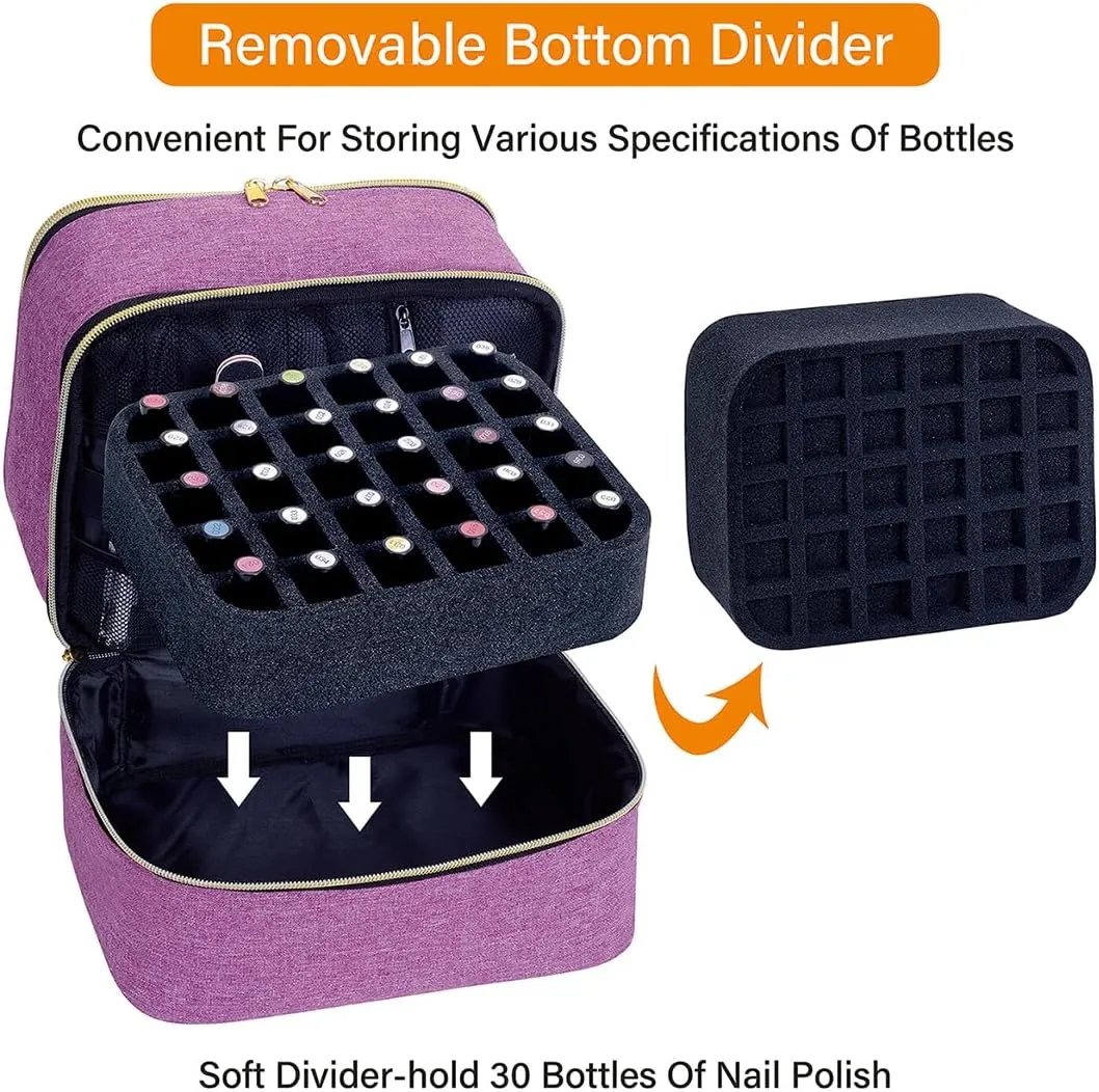 Nail Polish Organizer, Handheld Double Layer Organizer Holds 30 Bottles (15 ml/0.5 floz) with Adjustable Dividers for Nail Polish Small Manicure Lamp Manicure Tools Essential and Travel,Purple